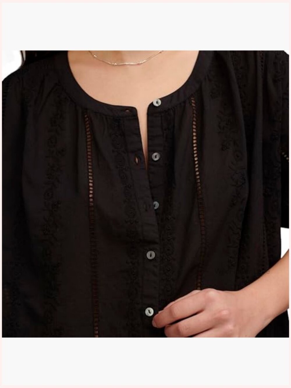 Smocked Shoulder Button Down Blouse Short Sleeve V-Neck Cotton - Picture 5 of 5